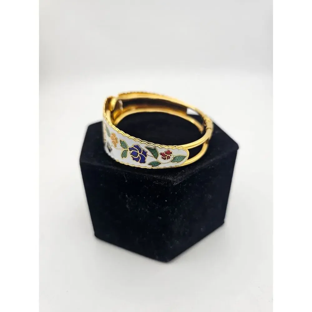 Vtg Cloisonne Peacock Bird White Multi Color Cuff Spring Bracelet